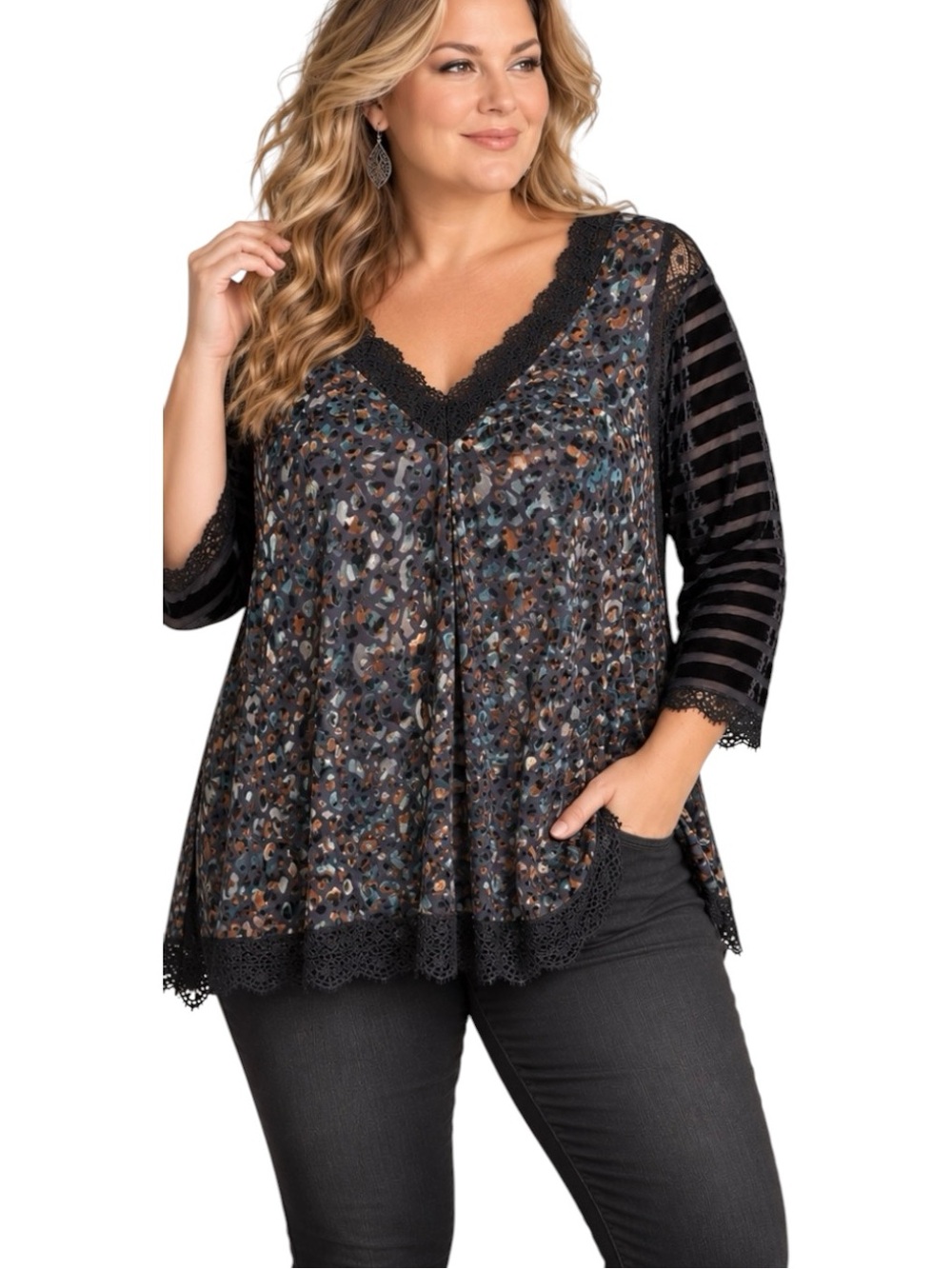 The Pyramid Collection Velvet Burnout Top Size 2X Leopard Print Lace Black